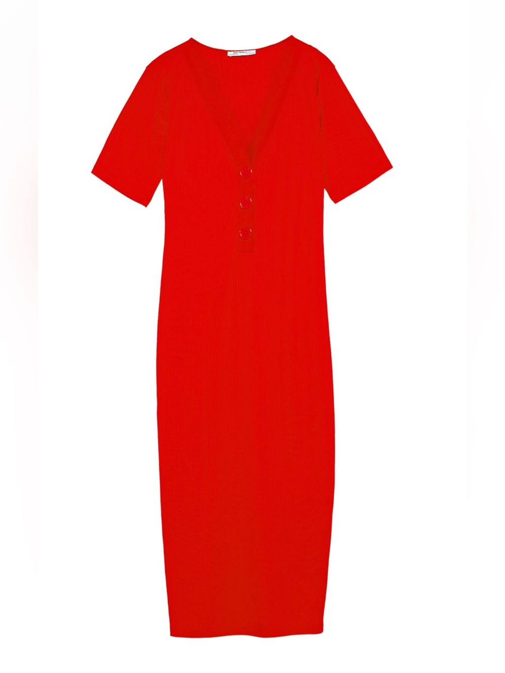 Zara Red V-Neck Ribbed Midi Dress with Short Sleeves
